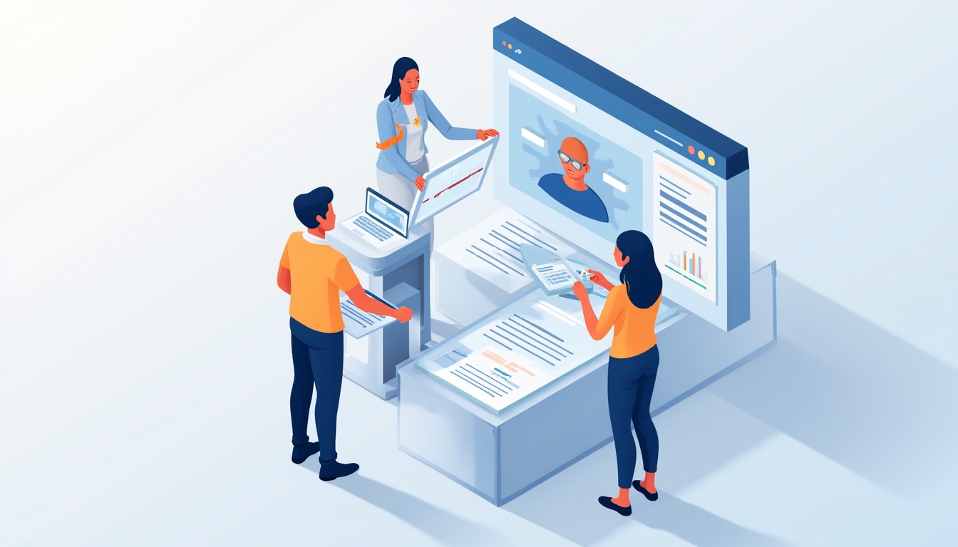 Ilustrație cu elemente de web design, un laptop și documente, reprezentând o ofertă personalizată pentru realizare site web.